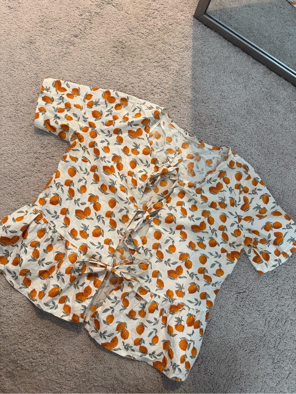 Feminine Cottagecore Orange Print Ruffle Tie-Front Blouse